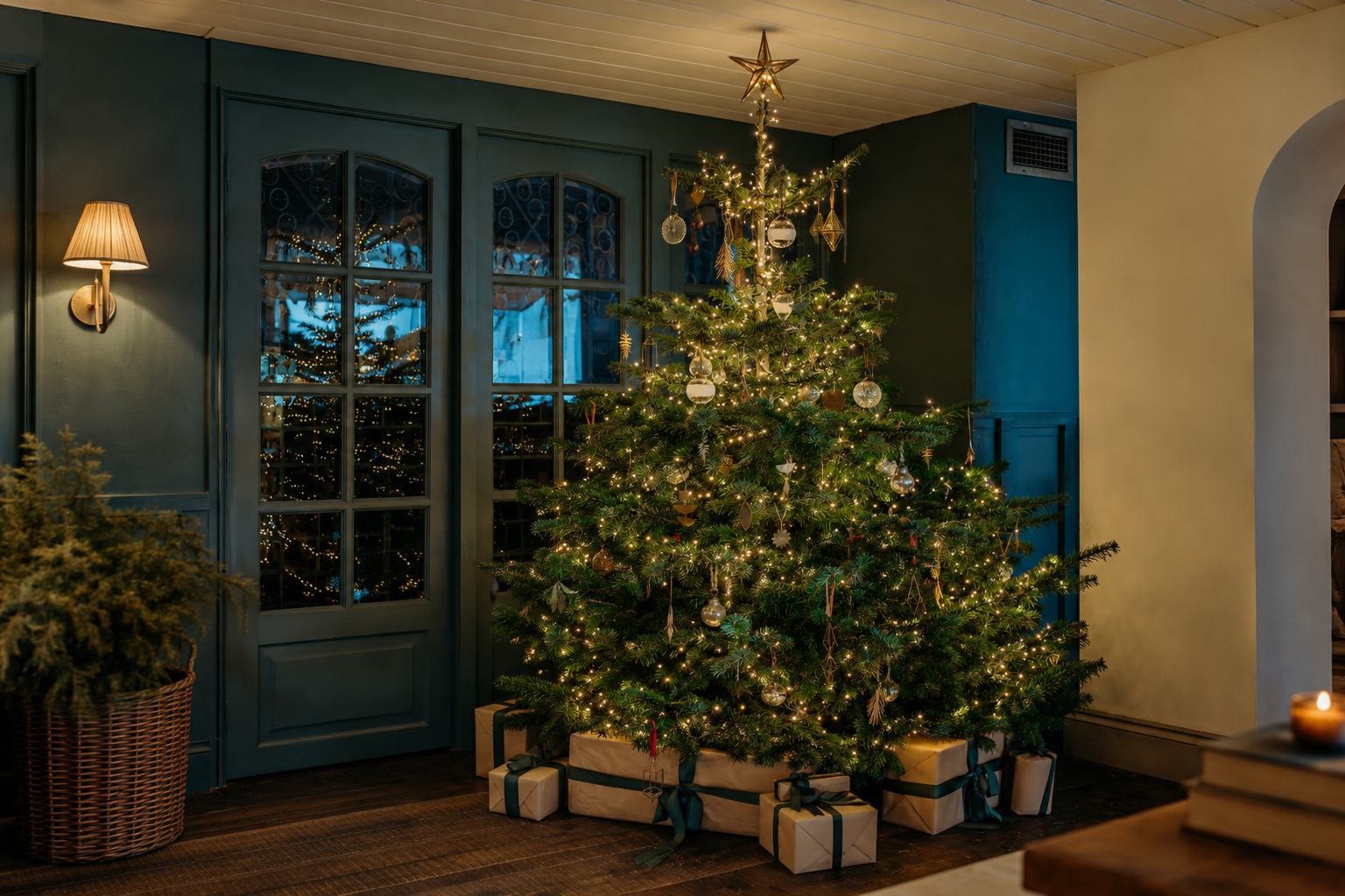 Decorated Christmas tree with wrapped presents in a lounge at Gara Rock