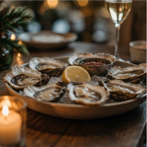 Platter of oysters with lemon by candlelight