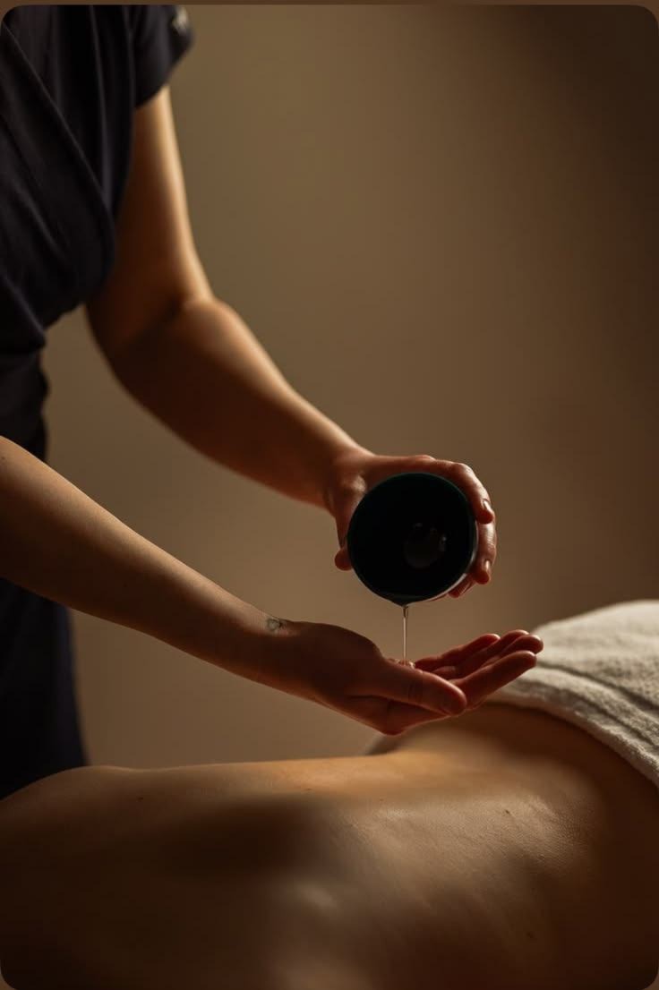 Therapist pouring warm oil during a massage treatment