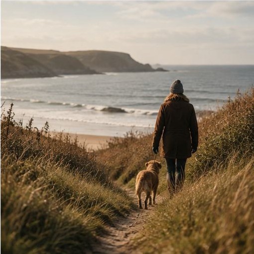 Walker and dog on the coast path above a sandy beach