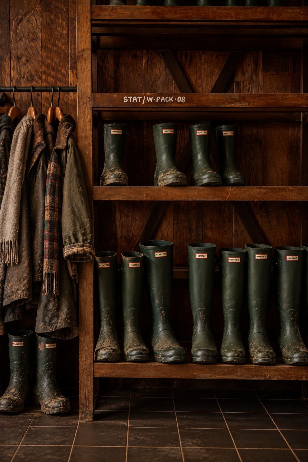 Wellington boots and waxed coats on a wooden boot rack